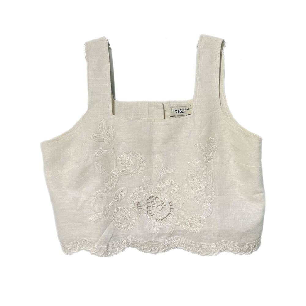 Calypso St Barth Embroidered Crop Top Vest Ivory Linen Blend Boho Large Coastal